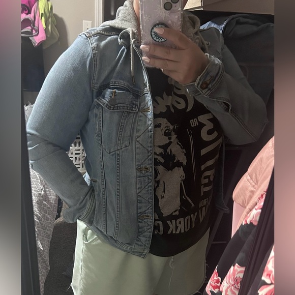 Hollister distressed light blue denim jean coat w/ grey sweatshirt hood -size m - Picture 8 of 11